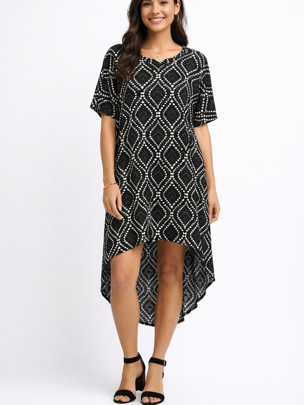 LuLaRoe High Low Dress Black White Geometric Print Short Sleeve Size S